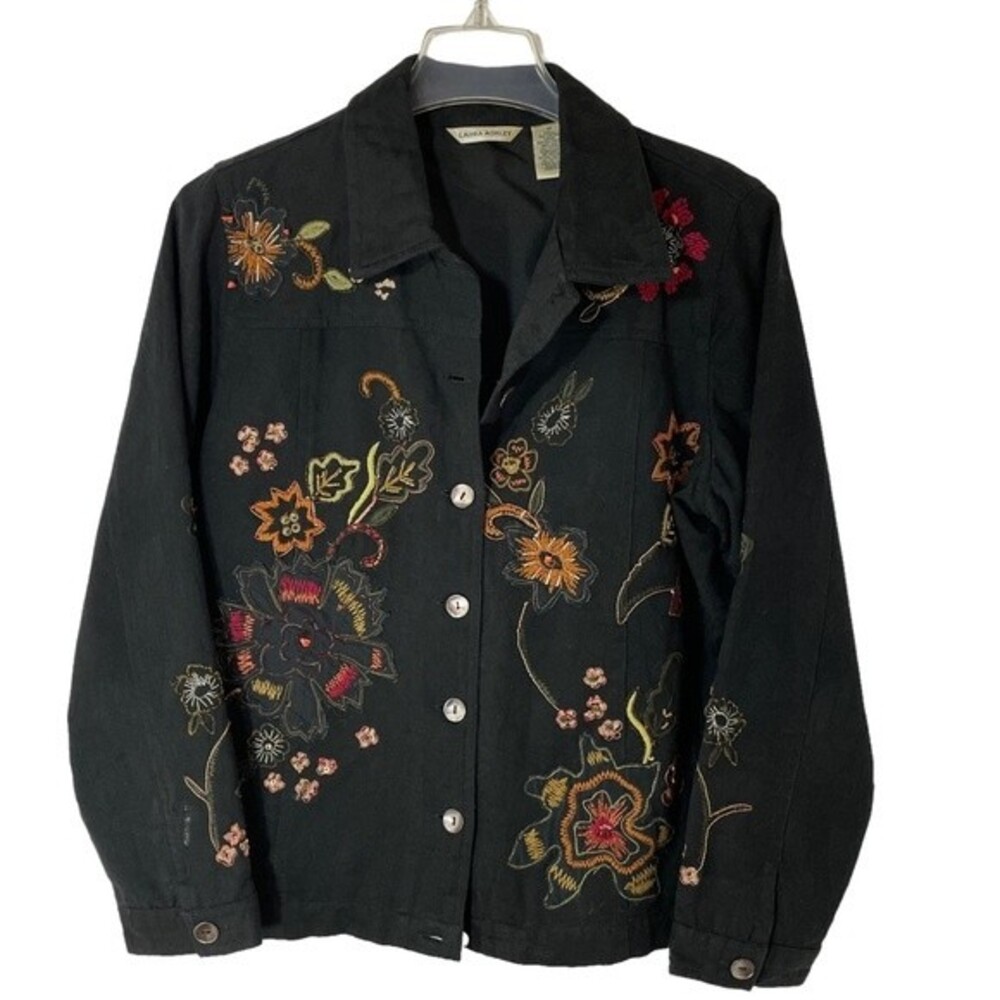 Laura Ashley Black Button Down Shirt/Shacket Embroidered/Stones/Sequin